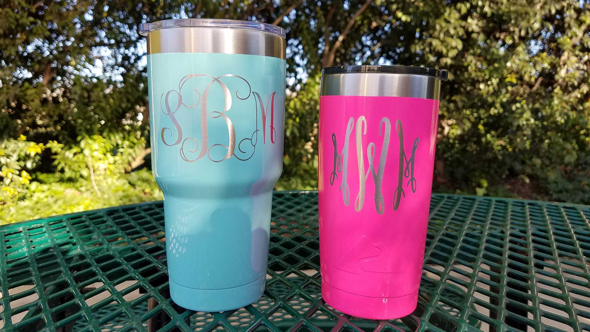 Custom colored powder coated Yeti Rambler Tumblers and Ozark Trail Tumblers.  Our new online designer allows you to create and customize a unique Tumbler or Growler with beautiful color, a company logo or design, a personalized monogram or your favorite saying | www.AmazinTumbler.com